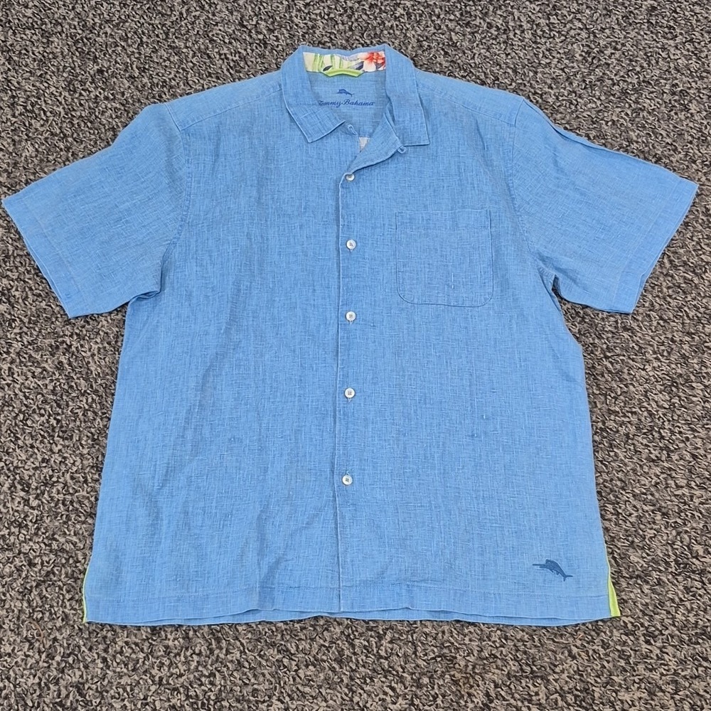 Tommy Bahama Linen Camp Short Sleeve Shirt Mens Medium Solid Blue Beach